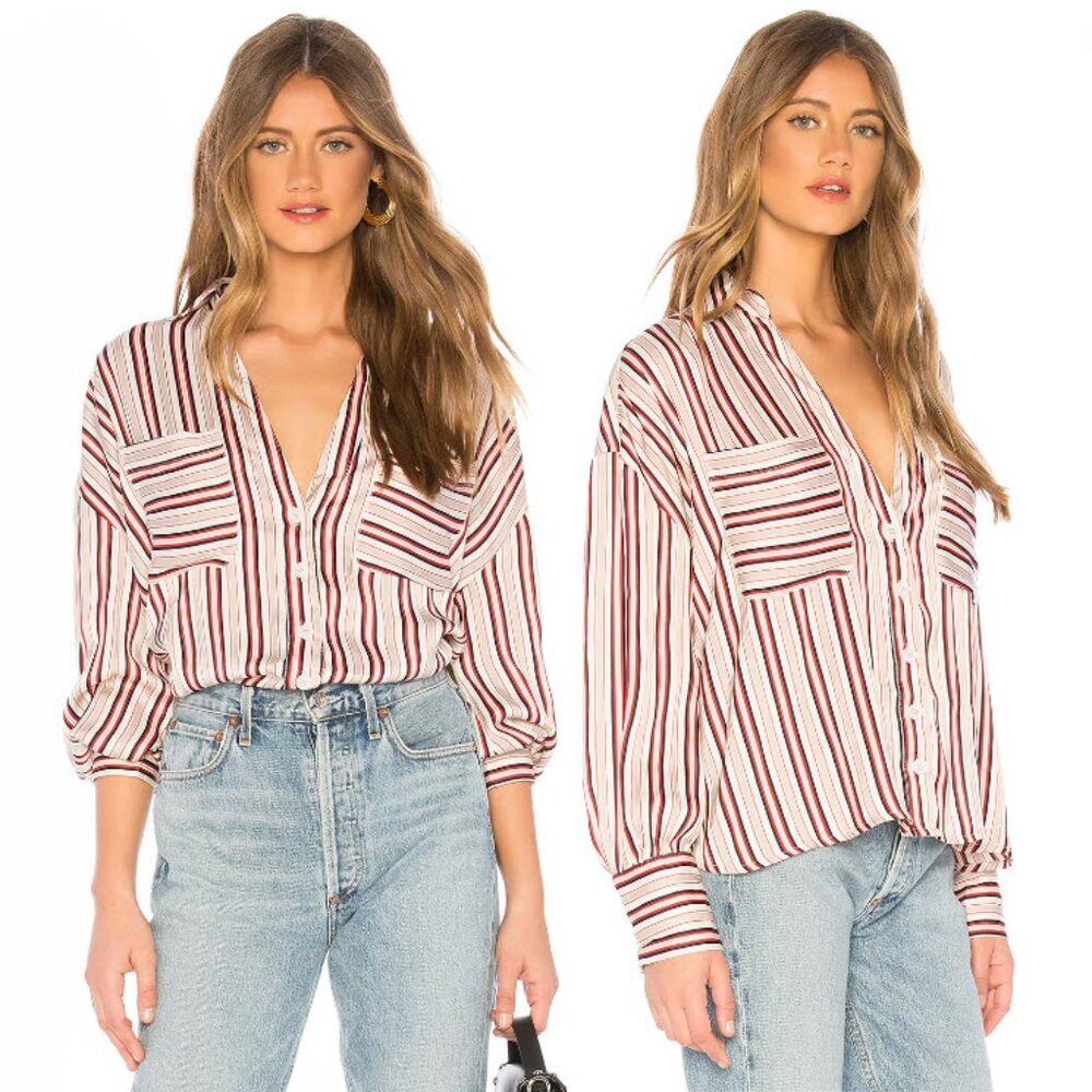Free People Mad About You Button Up Striped Oversized Blouse Relaxed Boxy Small